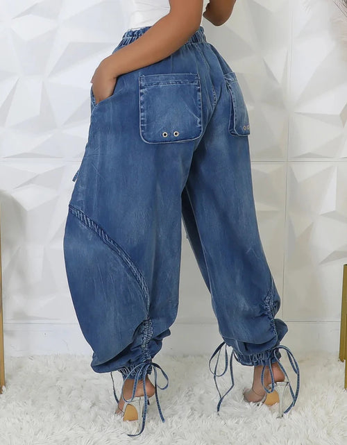 Load image into Gallery viewer, Women&#39;s High Waist Denim Spliced Lace-Up Jeans Drawstring Vintage Loose Fit Pants

