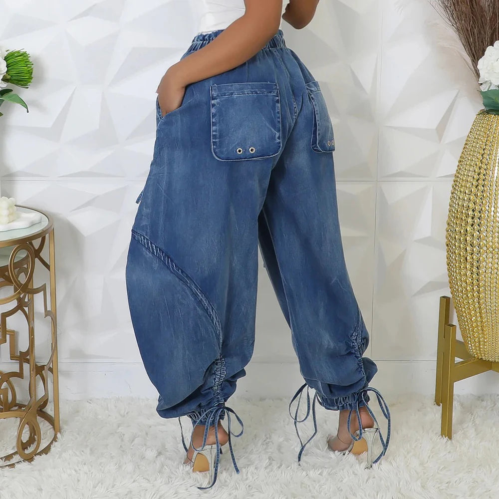 Women's High Waist Denim Spliced Lace-Up Jeans Drawstring Vintage Loose Fit Pants
