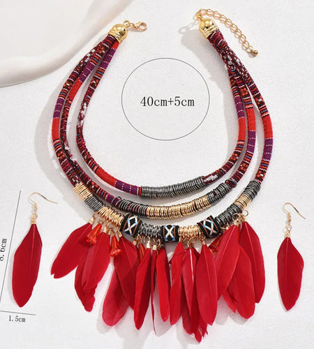 Fashion Vintage Ethnic Feather Choker Necklace Earrings Set For Women Multilayer