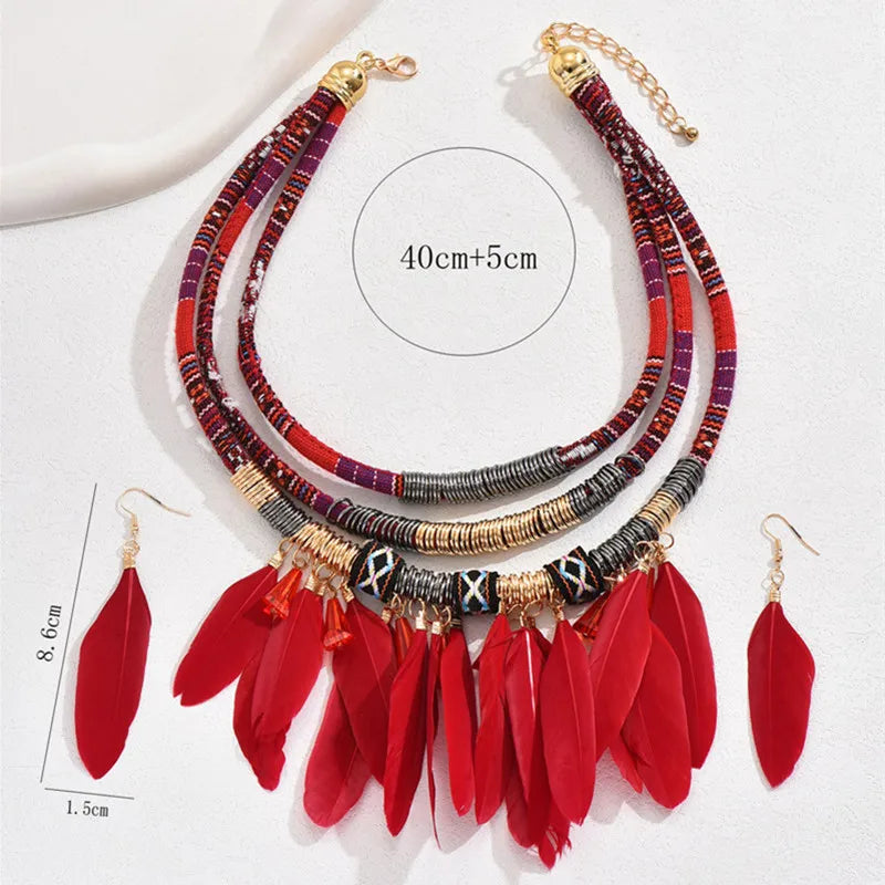 Fashion Vintage Ethnic Feather Choker Necklace Earrings Set For Women Multilayer