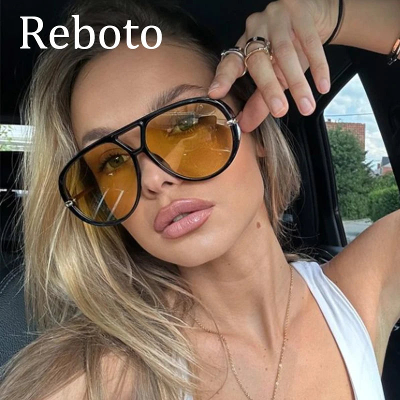 Fashion Punk Big Pilot Sunglasses Women Luxury 2025 Oversized Double Bridge Hollow Black Yellow Glasses Ladies Metal Female