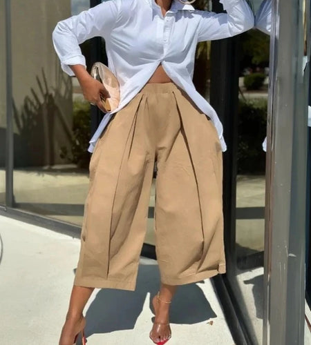 Women's Capri Trousers Pockets pleated Wide Leg Casual Vintage Loose High Waist Leisure Calf-length Pants