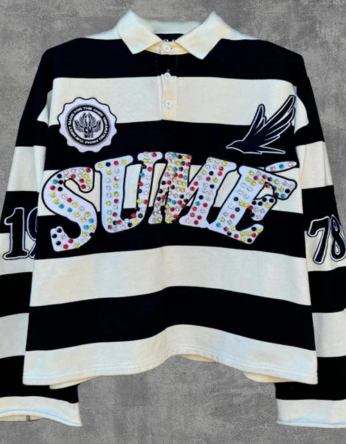 Load image into Gallery viewer, 2 Pcs Shirts Sume Rugby Diamond Embroidery Stripe Polo Shirt Y2K Retro Classic Unisex Oversized Long Sleeved Shirt Short Sets
