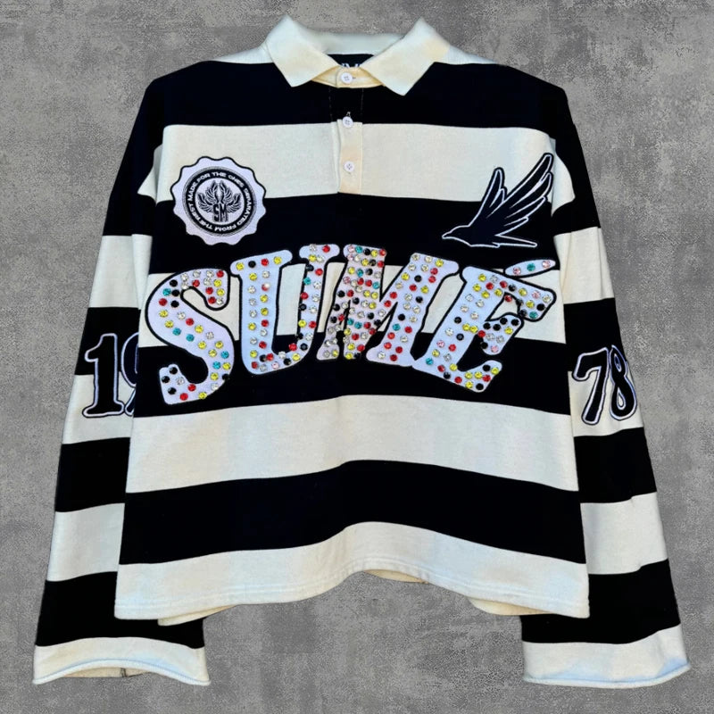 2 Pcs Shirts Sume Rugby Diamond Embroidery Stripe Polo Shirt Y2K Retro Classic Unisex Oversized Long Sleeved Shirt Short Sets