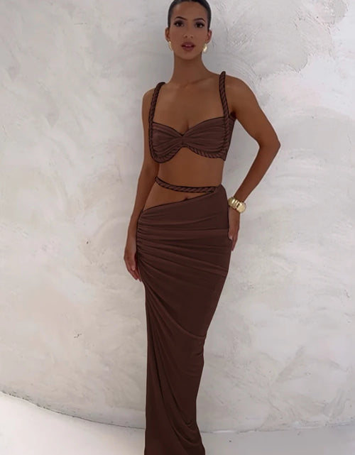 Load image into Gallery viewer, Woven Sexy Women 2 Piece Set Stunning Hot Solid Pleated Crop Camisoles High Waist Maxi Skirt
