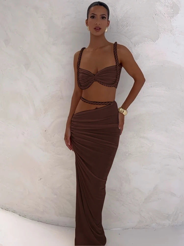 Woven Sexy Women 2 Piece Set Stunning Hot Solid Pleated Crop Camisoles High Waist Maxi Skirt
