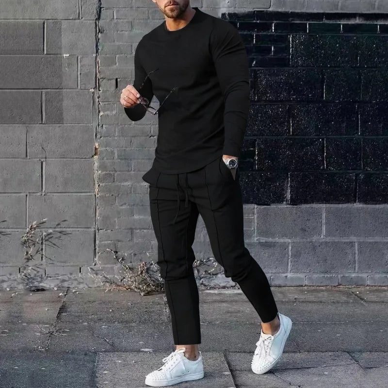 2025 Spring New Men's Casual Sport Two-pieces Fashion Solid Long Sleeve O-neck T-shirt and Sweatpants Suits Men Tracksuit Outfit