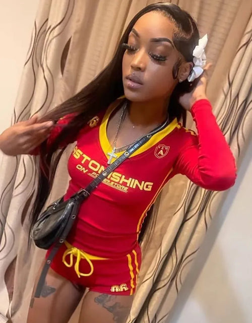 Load image into Gallery viewer, 2 Piece Letter Print Contrast  Set Women V-Neck Sporty Full Sleeve Jersey Drawstring Mini Short Casual Trend Short Set
