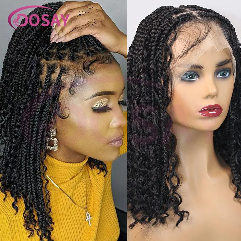 12" Synthetic Short Bohemian Boho Braided Wigs Full Lace Front Braiding Wig For Black Women Curly Knotless Bob Braids Locs Wigs