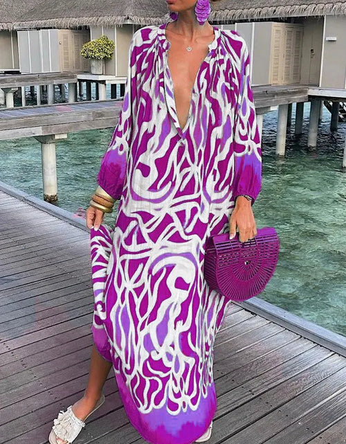 Load image into Gallery viewer, Women Sexy Deep V-Neck Maxi Dresses Bohemian Style With Lantern Sleeves  Long Dress  Vintage
