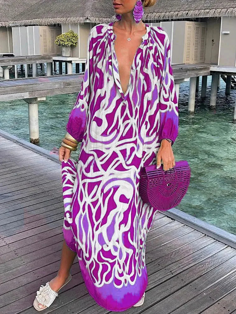 Women Sexy Deep V-Neck Maxi Dresses Bohemian Style With Lantern Sleeves  Long Dress  Vintage