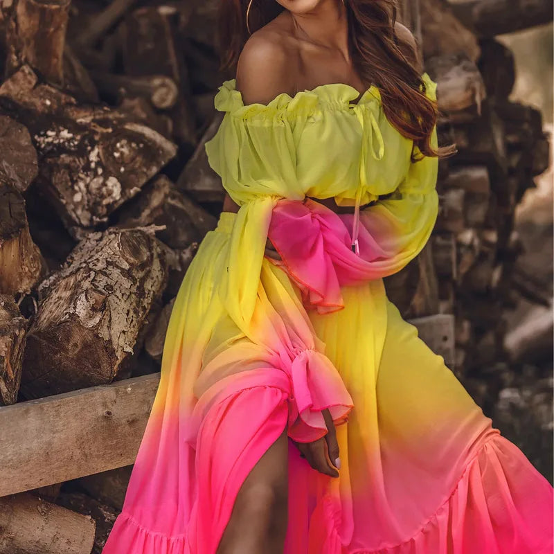 Vibrant Colors Chic Sexy Off Shoulder Ruffle Blouse and Slit Long Skirt for Women