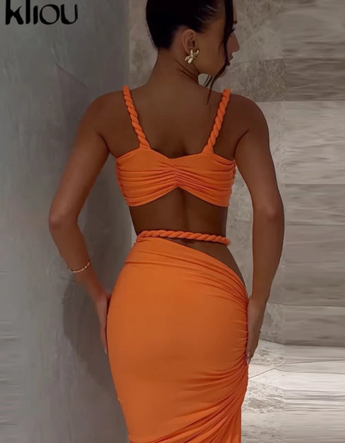 Load image into Gallery viewer, Woven Sexy Women 2 Piece Set Stunning Hot Solid Pleated Crop Camisoles High Waist Maxi Skirt
