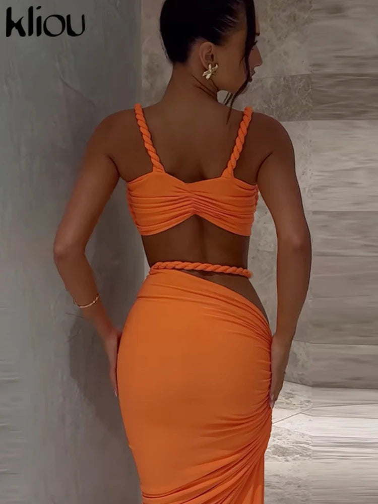 Woven Sexy Women 2 Piece Set Stunning Hot Solid Pleated Crop Camisoles High Waist Maxi Skirt