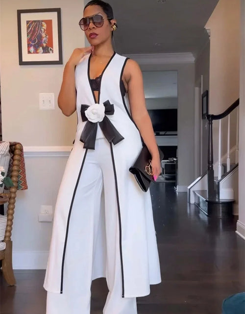 Load image into Gallery viewer, Bow Tie Appliques V-neck Sleeveless Long Top and Wide Leg Pants Matching Sets Women Two Piece Set Elegant Vintage Club Outfits
