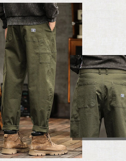 Load image into Gallery viewer, Men's Loose Fit Cargo Trousers Army Green Casual Vintage Style Zip Fly Full Length Pants Midweight Cotton Elastic Waist
