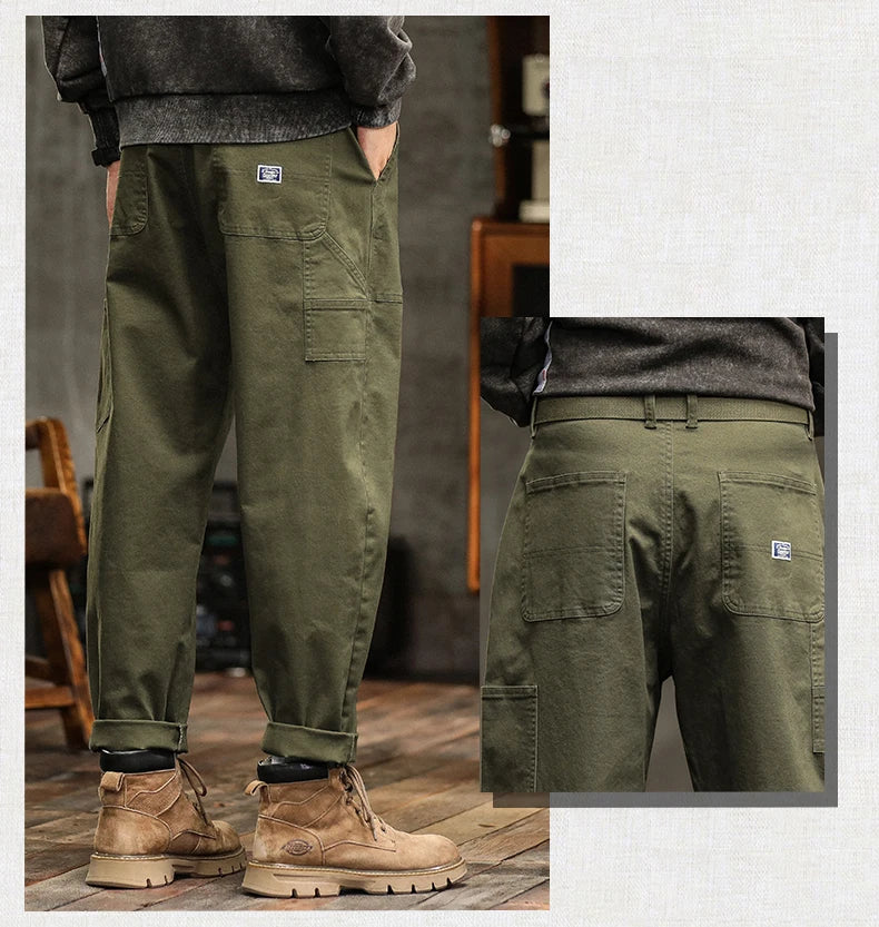Men's Loose Fit Cargo Trousers Army Green Casual Vintage Style Zip Fly Full Length Pants Midweight Cotton Elastic Waist