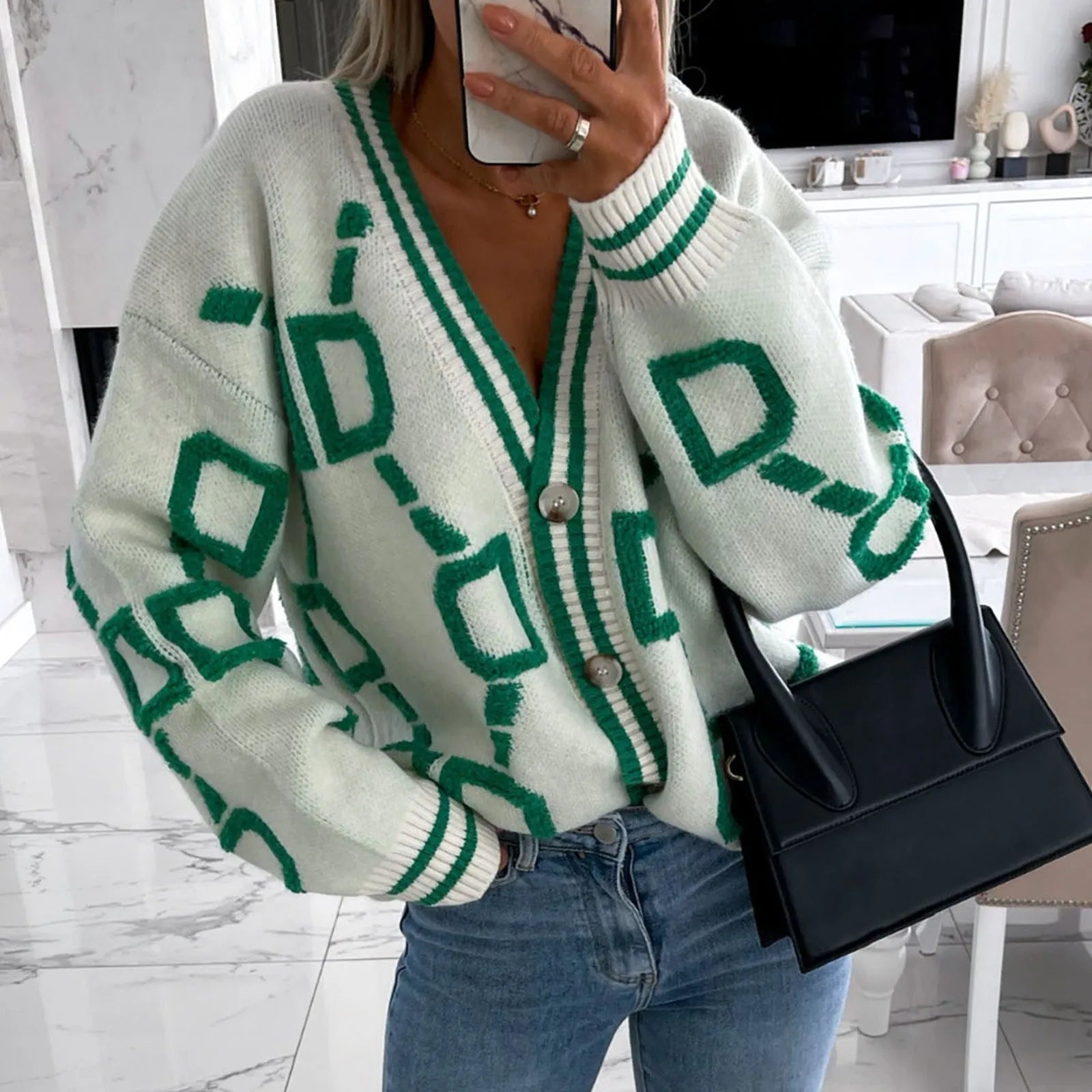 Vintage Women Knitted Cardigan Long Sleeve V Neck Single Breasted Casual   Loose Outwears Sweater