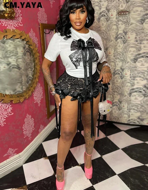 Load image into Gallery viewer, Women&#39;s Set Bow O-Neck short sleeve Tops and lace Shorts Set Casual Two 2 Piece Outfits

