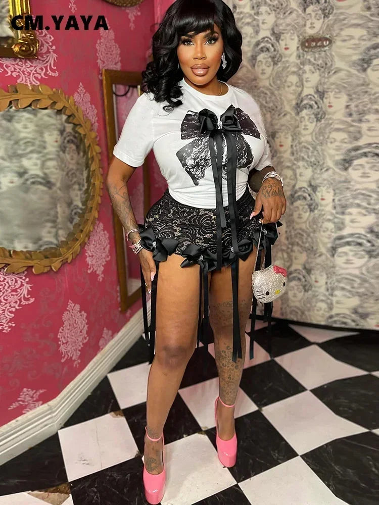 Women's Set Bow O-Neck short sleeve Tops and lace Shorts Set Casual Two 2 Piece Outfits