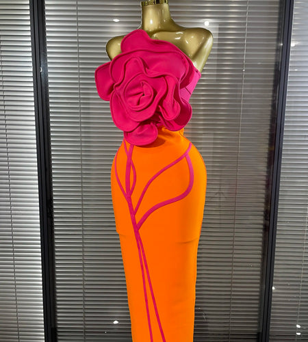 Orange Color Women's Sexy Big Florals Bodycon Dress with Shining Rhinestones Strapless Bandage Dress