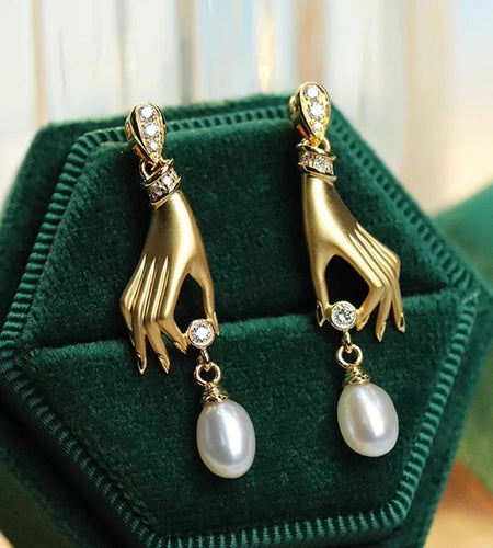 Novel Design Hand with Imitation Pearl Dangle Earrings for Women Hot Trendy