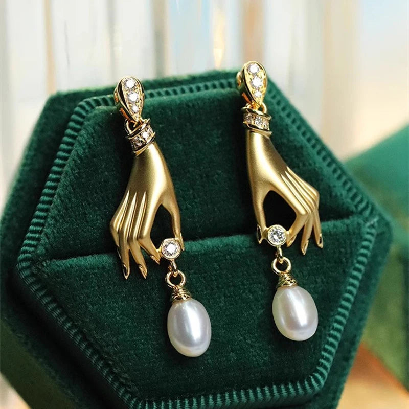 Novel Design Hand with Imitation Pearl Dangle Earrings for Women Hot Trendy