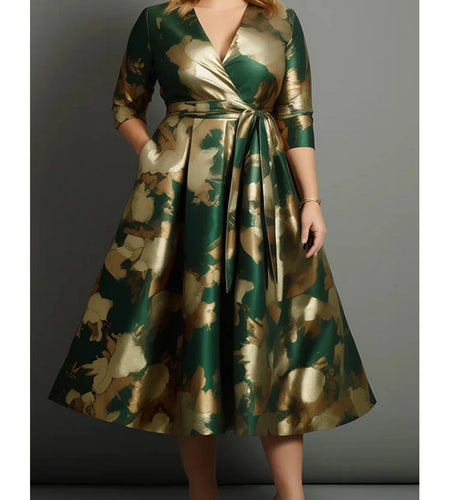 Floral Printed Satin Plus Size Dress for Women Sexy V-Neck Pleated A-Line  Casual Half Sleeve Midi Dress