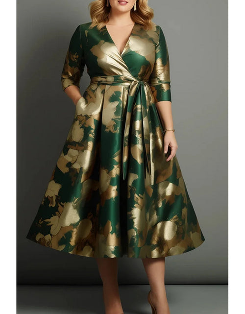 Load image into Gallery viewer, Floral Printed Satin Plus Size Dress for Women Sexy V-Neck Pleated A-Line  Casual Half Sleeve Midi Dress
