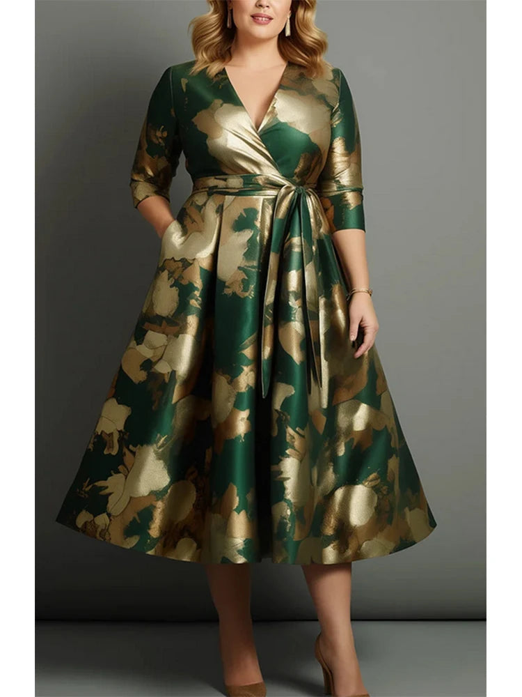 Floral Printed Satin Plus Size Dress for Women Sexy V-Neck Pleated A-Line  Casual Half Sleeve Midi Dress