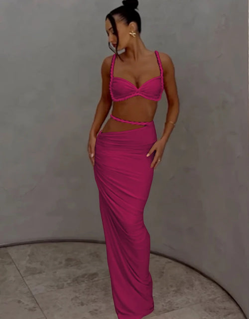 Load image into Gallery viewer, Woven Sexy Women 2 Piece Set Stunning Hot Solid Pleated Crop Camisoles High Waist Maxi Skirt

