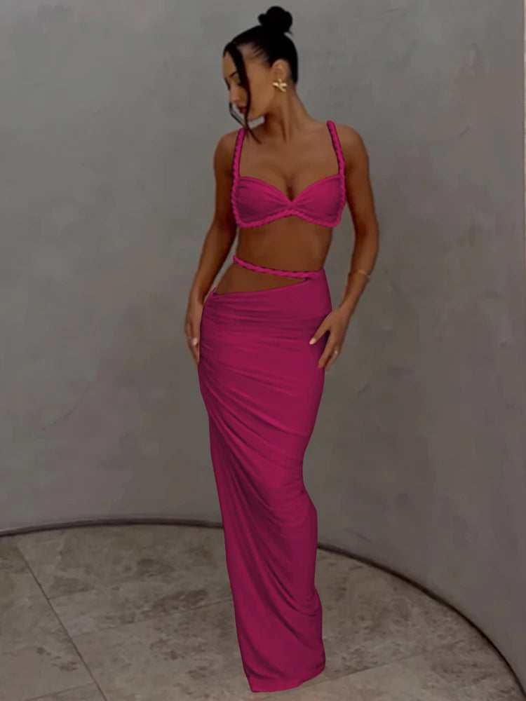 Woven Sexy Women 2 Piece Set Stunning Hot Solid Pleated Crop Camisoles High Waist Maxi Skirt