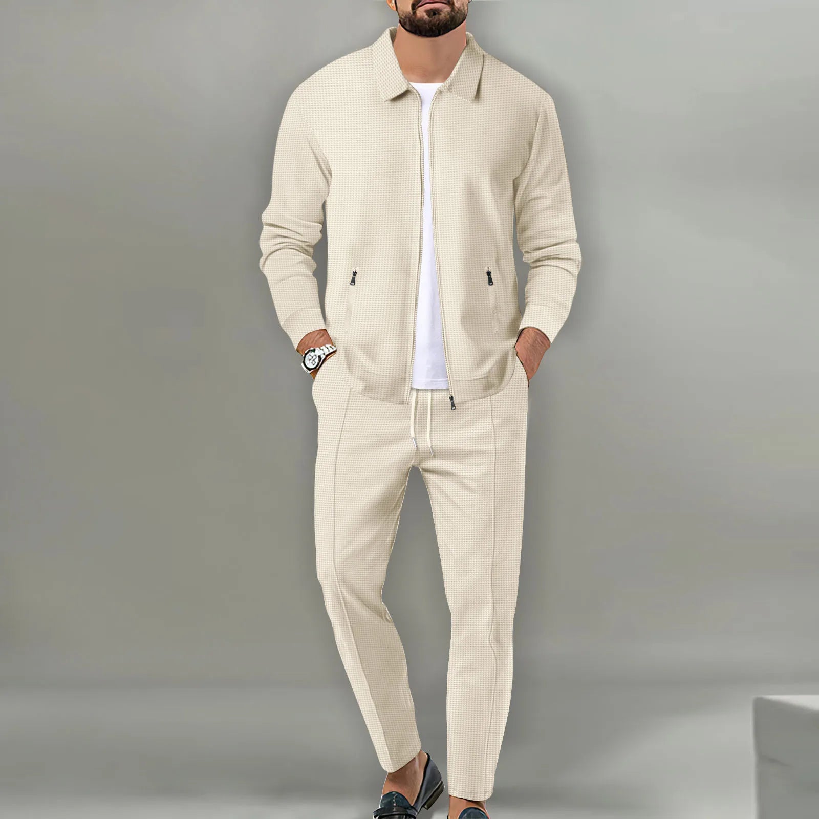 2025 Men's Casual Waffle Two Piece Pants Sets Loose