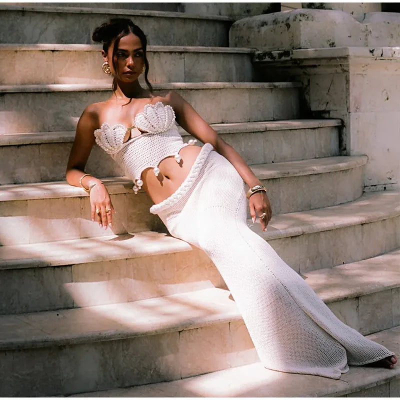 Crochet Knitted Pearl Bra Skirt Set ,Backless Hollow Out Short Top Twists Long Skirt