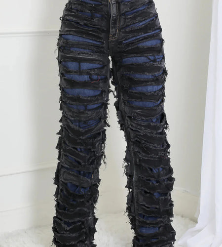 Street Denim Pants Women Ripped Out Striped High Waist Zipper Jeans