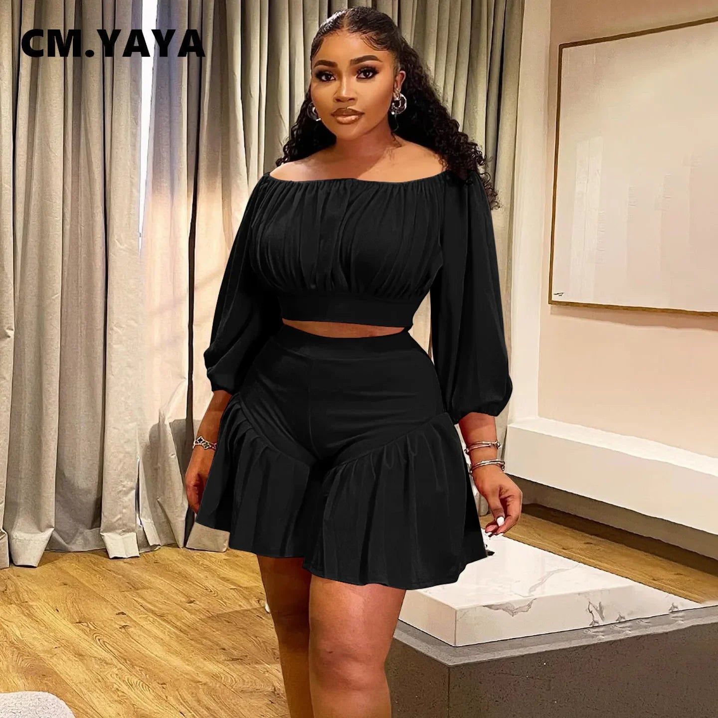 Plus Size Women's Set Long Sleeve Slash Neck T-Shirt and Shorts 2025  Two 2 Piece Set Outfits
