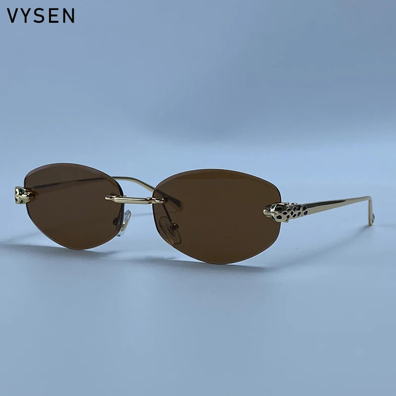 Vintage Rimless Oval Punk Sunglasses for Men Leopard Head Frameless UV400 Gradient Lens Hip Hop Outdoor Shades Luxury Designer Eyewear