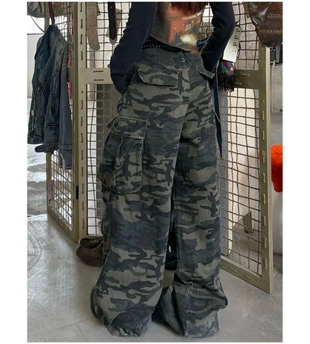 Military Green Women  Jeans High Waist Vintage  Baggy Wide Leg Denim Trouser