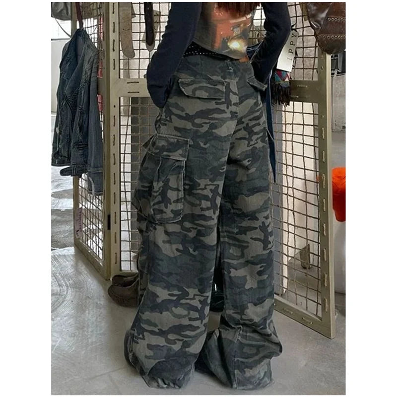 Military Green Women  Jeans High Waist Vintage  Baggy Wide Leg Denim Trouser