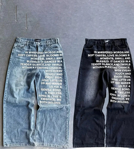 Men Jeans vintage American Pattern letter jeans streetwear Fashion Casual wide leg jeans