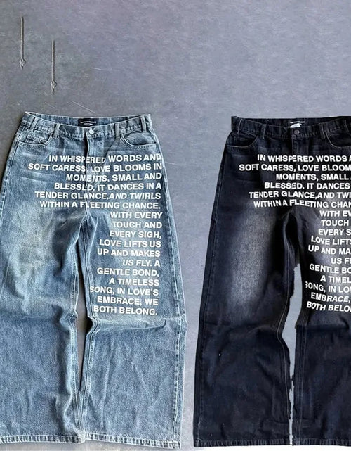 Load image into Gallery viewer, Men Jeans vintage American Pattern letter jeans streetwear Fashion Casual wide leg jeans
