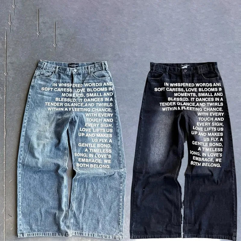 Men Jeans vintage American Pattern letter jeans streetwear Fashion Casual wide leg jeans