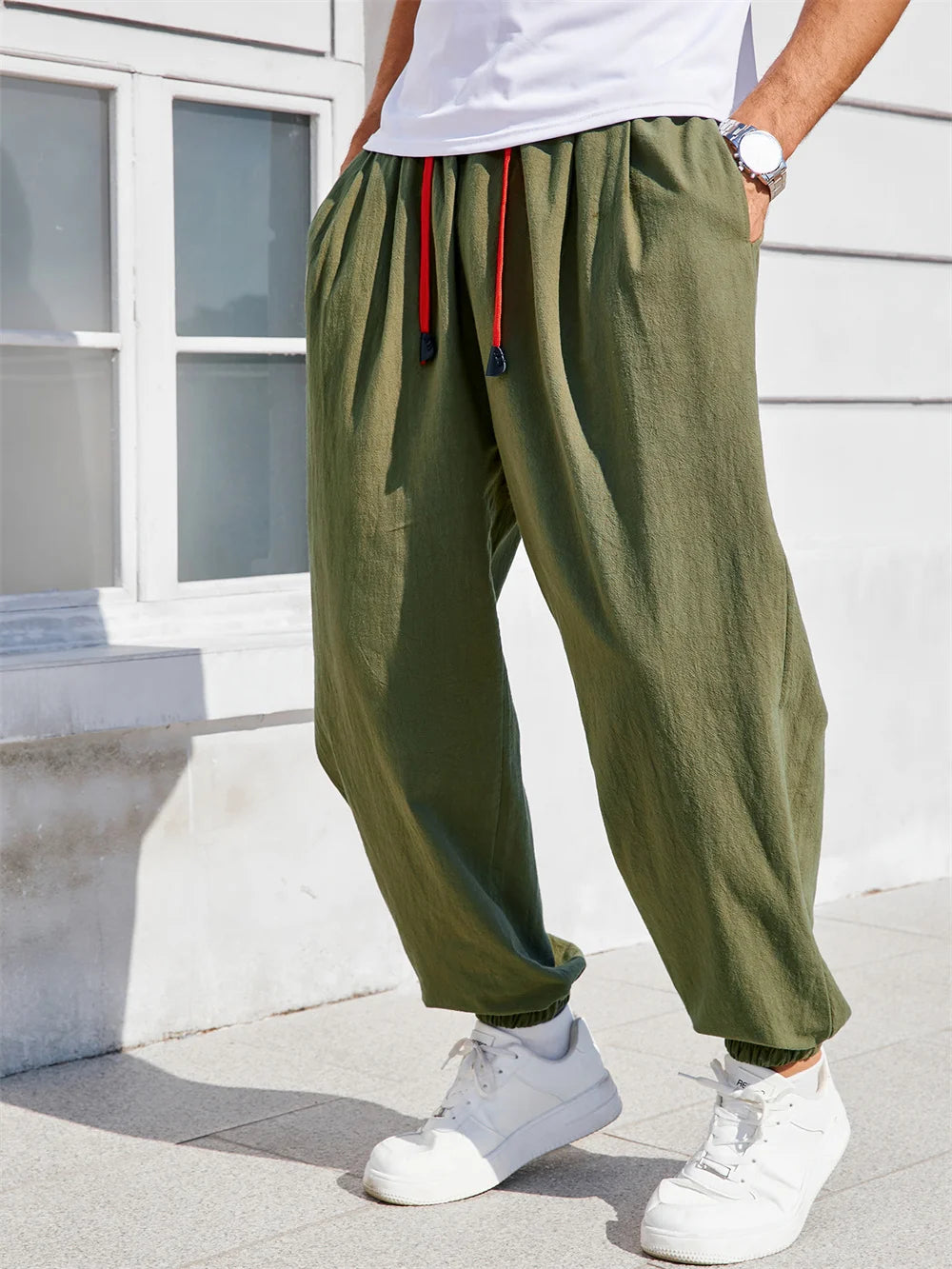 Men's Pants Loose Fit  Cotton Linen Solid Color Cozy Sweatpants Joggers High Quality Male