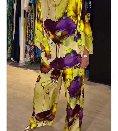 Casual Sets for Women 2 pieces Summer Fashion Printed Satin Two Piece Sets Women Sexy Round Neck Top+Wide Leg Long Pants Outfits