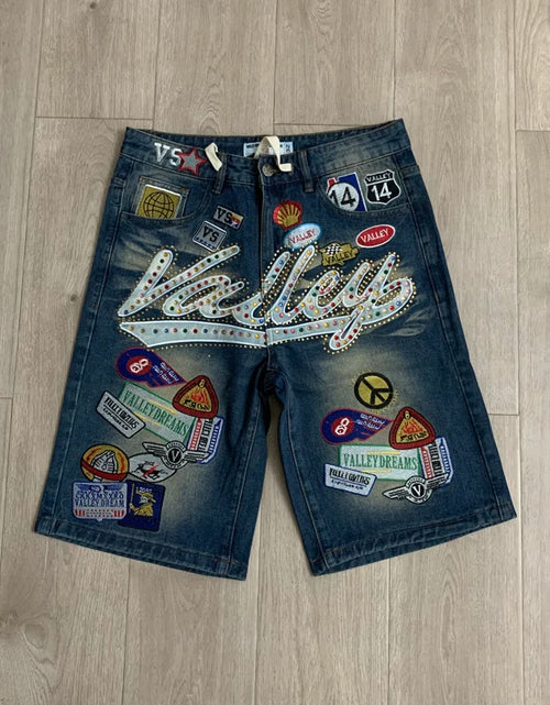 Load image into Gallery viewer, 2026 American VALLEY Embroidery Rhinestone Logo Patch Label Denim Shorts Men High Quality Loose Straight Short Jeans
