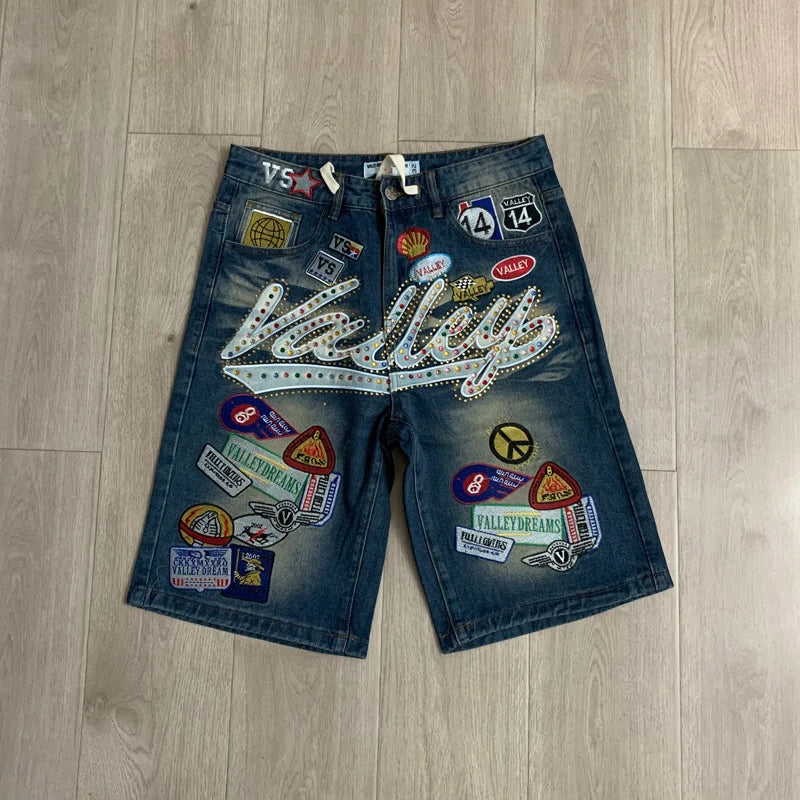 2026 American VALLEY Embroidery Rhinestone Logo Patch Label Denim Shorts Men High Quality Loose Straight Short Jeans