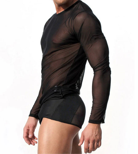 Sexy Unique Transparent T-shirt Men See Through Autumn Long Sleeve Top