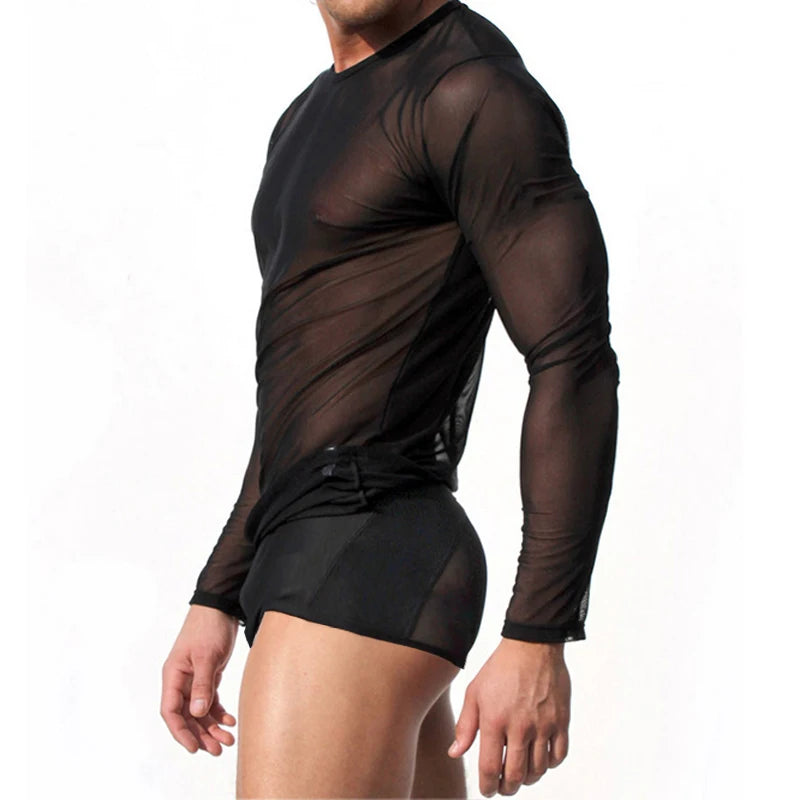 Sexy Unique Transparent T-shirt Men See Through Autumn Long Sleeve Top