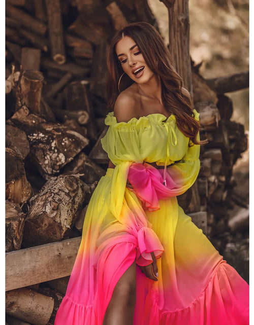 Load image into Gallery viewer, Vibrant Colors Chic Sexy Off Shoulder Ruffle Blouse and Slit Long Skirt for Women
