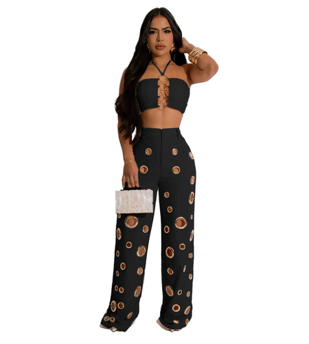 Sexy Solid Hole Wide Leg Pants Streetwear Women Halter Sleeveless Backless Crop Top And Pants Two Piece Sets Outfits